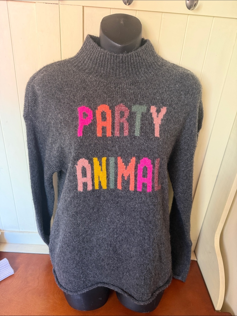 Lou & Grey Charcoal turtleneck 'PARTY ANIMAL' sweater NWT